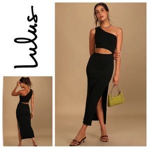 Spice Things Up Black Ribbed One-Shoulder Cutout Midi Dress Sz: XS